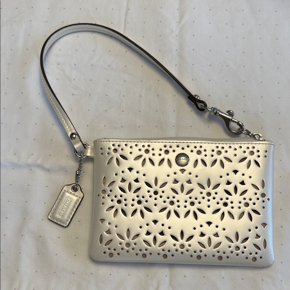 Coach Metro Eyelet Leather Wristlet in Metallic Ivory